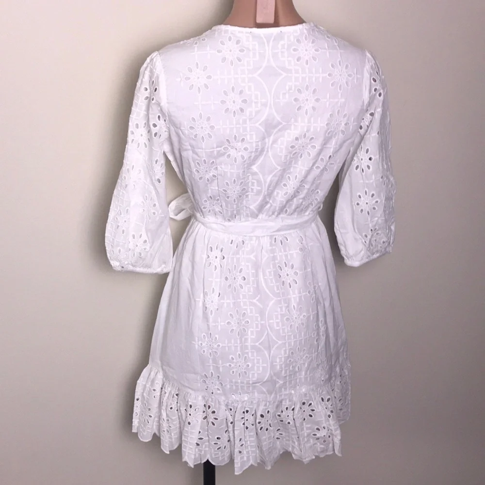 J. Crew Eyelet Ruffle Scalloped White Dress Tie